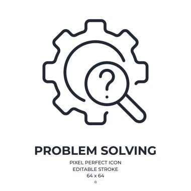 Problem solving concept. Cogwheel with a question mark editable stroke outline icon isolated on white background flat vector illustration. Pixel perfect. 64 x 64.