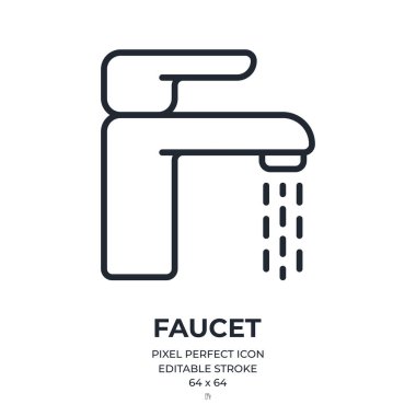 Beyaz arkaplan düz vektör illüstrasyonu üzerinde izole edilmiş, düzenlenebilir musluk çizimi taslak simgesi. Piksel mükemmel. 64 x 64.