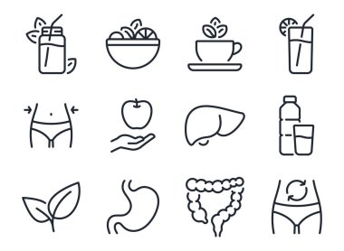 Detoks ve temizleme ilişkili düzenlenebilir çizgi çizim simgeleri beyaz arkaplan düz vektör illüstrasyonunda izole edildi. Piksel mükemmel. 64 x 64.