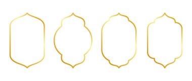 Altın İslami pencere çerçeve vektör illüstrasyon koleksiyonu. Beyaz üzerine izole Arap radarları sınır tasarımı.