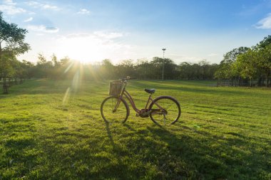 Mavi gökyüzünün altındaki yeşil çimlerde bisiklet, günbatımı.