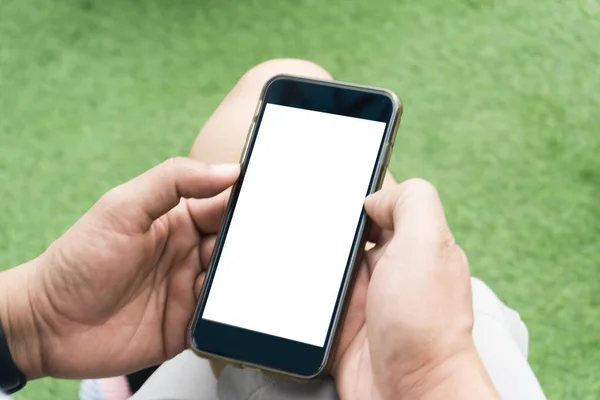 Mãos Homem Segurando Telefone Celular Com Tela Espaço Branco Cópia — Fotografia de Stock