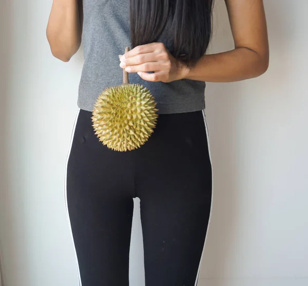 Aziatisch Slanke Vrouw Met Durian Koning Van Fruit Thailand Heerlijk — Stockfoto