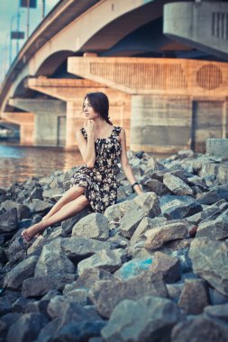 beautiful girl in dress, stones on the shore, bridge