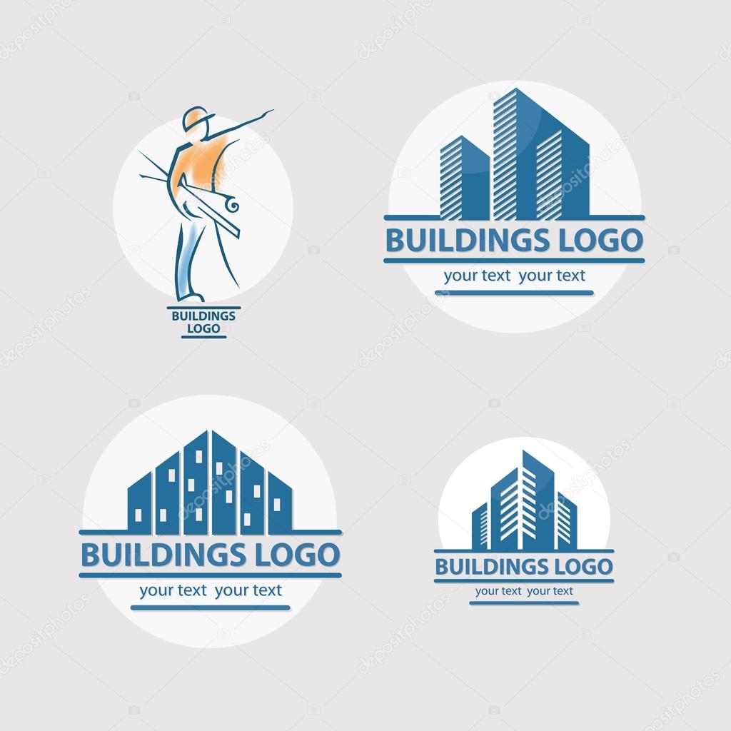 Vector city buildings and builder silhouette logos, icons sets