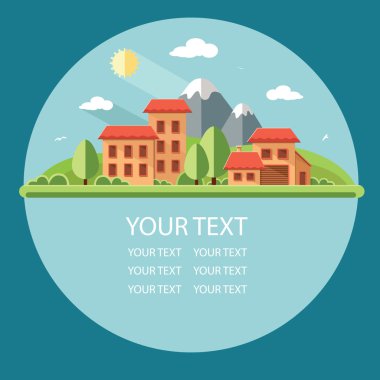 Doğa - yaz manzara. Küçük şehir ile küçük evler sokak bir