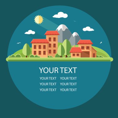 Doğa - yaz manzara. Küçük şehir ile küçük evler sokak bir