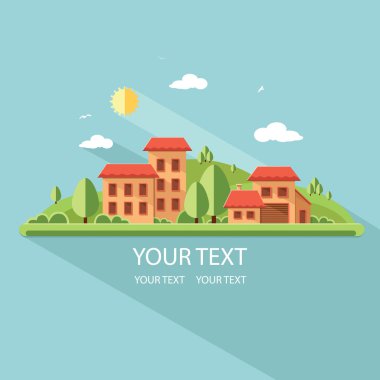 Doğa - yaz manzara. Küçük şehir ile küçük evler sokak bir