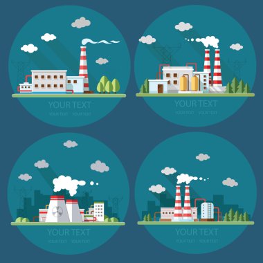 Endüstriyel manzara küme. Nükleer santral ve fabrika üzerinde