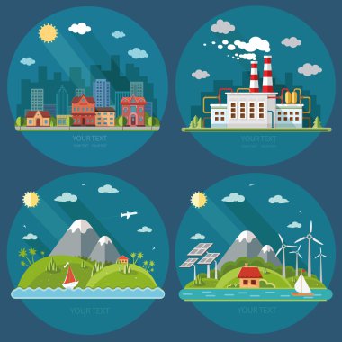 Doğa Icons set. Dağ manzarası, cityscape, enerji Tema, ben