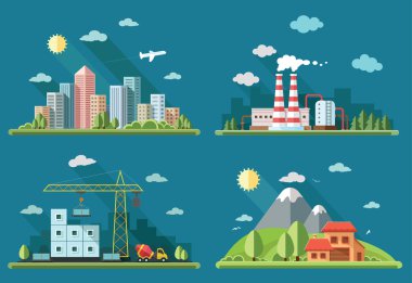 simgeler kümesi. büyük şehir, kır evi, bir arka plan üzerinde çiftlik evi