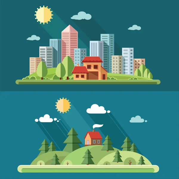 Conjunto de naturaleza - Casa de campo en el fondo de una gran ciudad. rural — Vector de stock