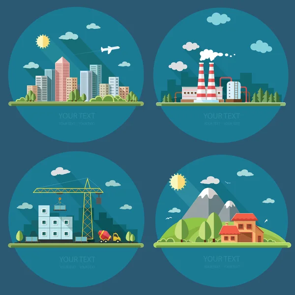 Icons set. large city , country house, farmhouse on a background — Stock Vector