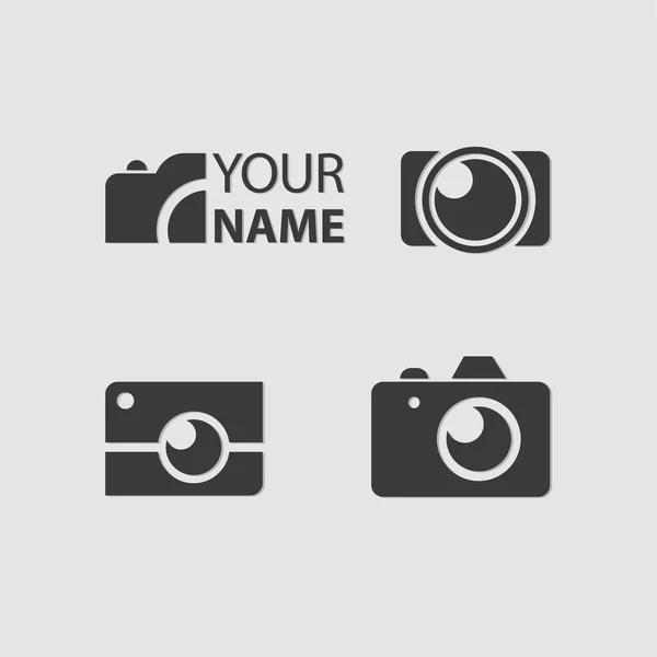 Fotos del logotipo, conjunto de vectores del logotipo de la cámara. Cámara Hipster plana de moda — Archivo Imágenes Vectoriales