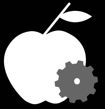 Elma beyazı silueti olan telefon servisi logosu ve mobil dükkan için vites simgesi düz, tamir. Vektör İllüstrasyonu.