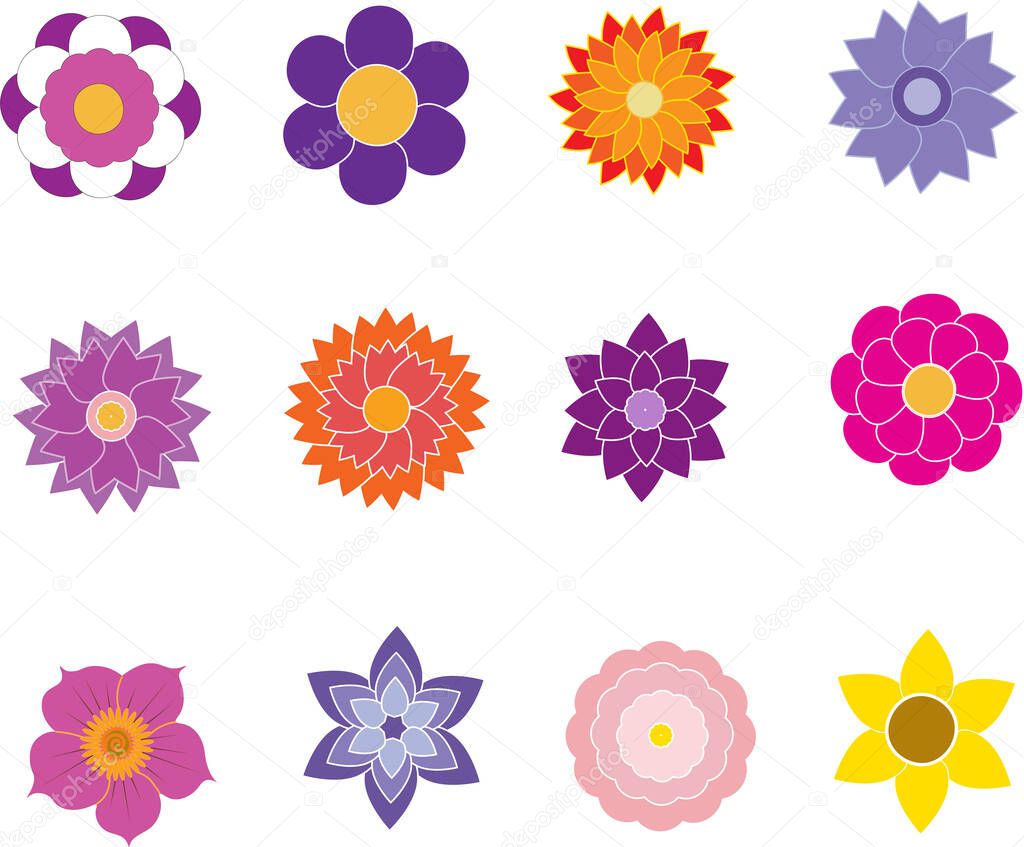  Set of flat flower icons can be used for stickers, labels, gift wrapping and more. Cute retro design.