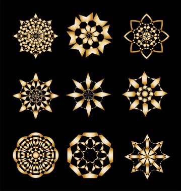 Siyah arkaplanda altın yuvarlak süsler. Vektör altın tasarım elementleri. 