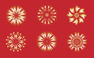  Kırmızı arkaplanda altın yuvarlak süsler. Vektör altın tasarım elementleri. 