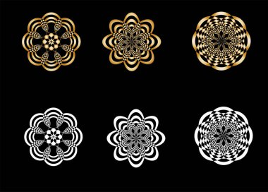  Siyah arkaplanda altın yuvarlak süsler. Vektör altın tasarım elementleri. 