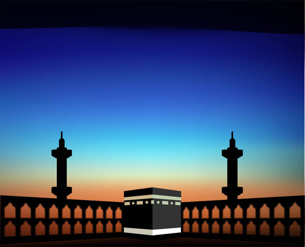  The Holy Kaaba in time of dawn. Mecca, Saudi Arabia. Pilgrimage hajj, Ramadan Kareem. Flat style design. Vector graphics.