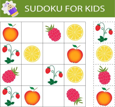  Çocuklar için sudoku. Mantıklı düşünme eğitimi. İçinde resimler olan etkinlik sayfası. Bulmaca oyunu. 