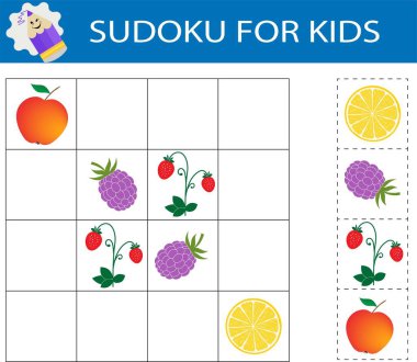  Çocuklar için sudoku. Mantıklı düşünme eğitimi. İçinde resimler olan etkinlik sayfası. Bulmaca oyunu. 