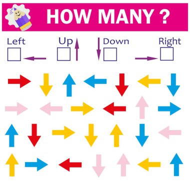 Sol mu sağ mı? Yukarı ya da aşağı. Çocuklar için mantık oyunu. Kaç tane ok sola döndü, kaç tane de sağa döndü say..