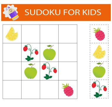   Çocuklar için sudoku. Mantıklı düşünme eğitimi. İçinde resimler olan etkinlik sayfası. Bulmaca oyunu. 