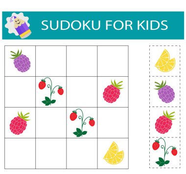   Çocuklar için sudoku. Mantıklı düşünme eğitimi. İçinde resimler olan etkinlik sayfası. Bulmaca oyunu. 