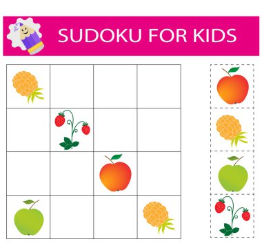    Çocuklar için sudoku. Mantıklı düşünme eğitimi. İçinde resimler olan etkinlik sayfası. Bulmaca oyunu. 