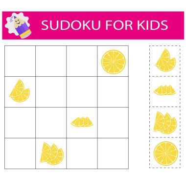    Çocuklar için sudoku. Mantıklı düşünme eğitimi. İçinde resimler olan etkinlik sayfası. Bulmaca oyunu. 