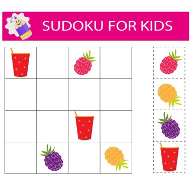    Çocuklar için sudoku. Mantıklı düşünme eğitimi. İçinde resimler olan etkinlik sayfası. Bulmaca oyunu. 