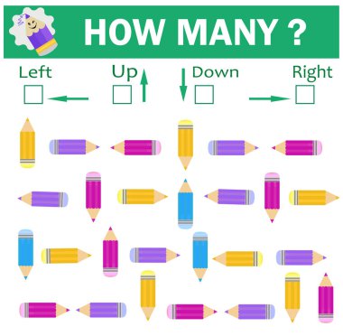 Sol mu sağ mı? Yukarı ya da aşağı. Çocuklar için mantık oyunu. Kaç tane kalemin sola ve kaç tane kalemin sağa ve yukarı ve aşağı çevrildiğini say..
