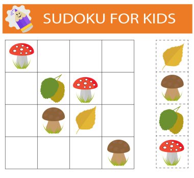   Çocuklar için sudoku. Mantıklı düşünme eğitimi. İçinde resimler olan etkinlik sayfası. Bulmaca oyunu. 