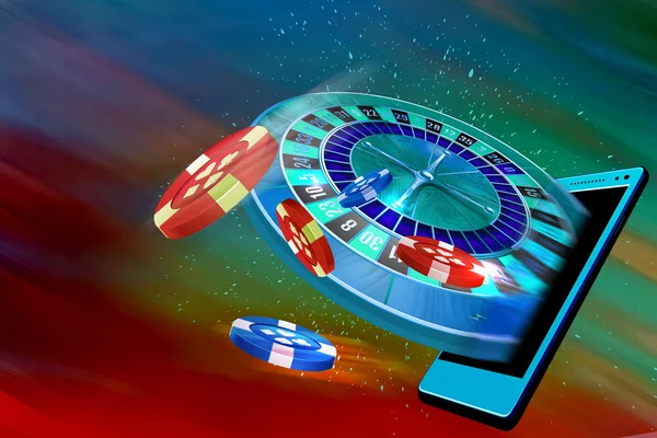 Roulette and casino coins flying out from a mobile — Stock Photo, Image