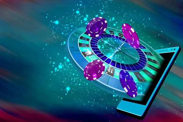 Roulette and casino coins flying out from a mobile — Stock Photo, Image