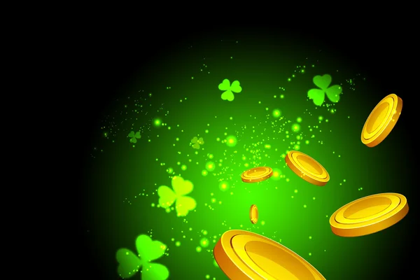 Lucky clovers, casino coins flying at the viewer on a green background — Stock Photo, Image