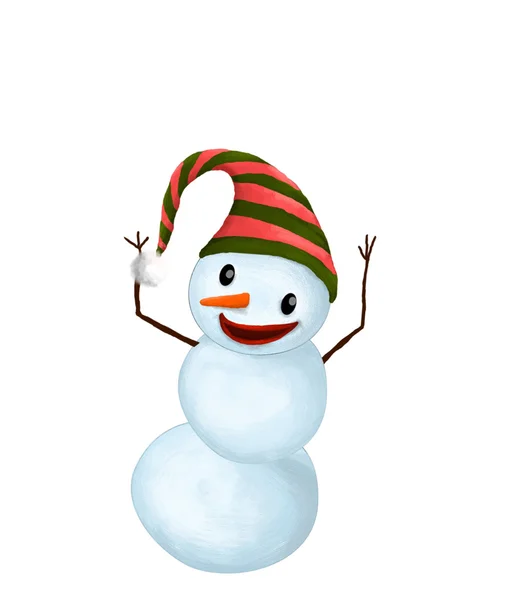 Isolato divertente sorridente pupazzo di neve con cappello e carota naso danza — Foto Stock
