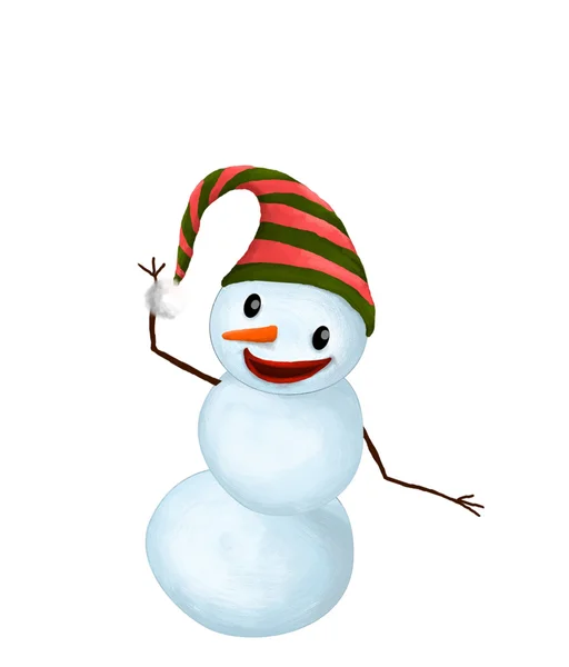 Isolato divertente sorridente pupazzo di neve con cappello e carota naso danza — Foto Stock