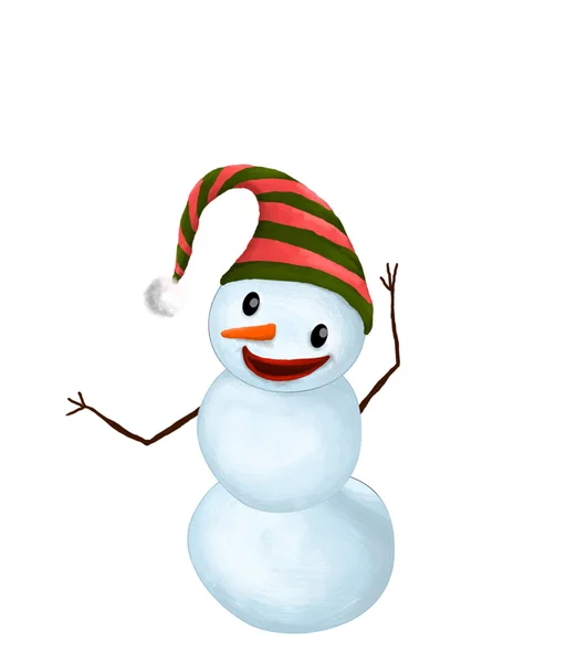 Изолированный веселый улыбающийся снеговик в шляпе и с морковным носом, танцующий — стоковое фото