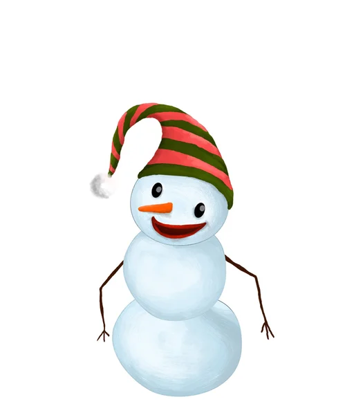 Απομονωμένη αστεία χαμογελαστός χιονάνθρωπος με καπέλο και καρότο μύτη — Φωτογραφία Αρχείου