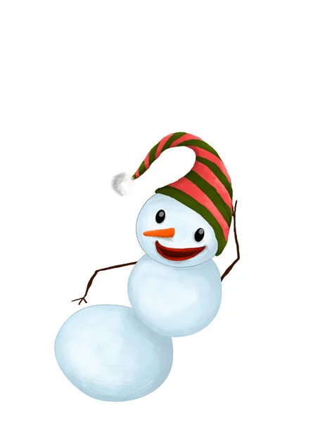 Απομονωμένες αστεία χαμογελαστός χιονάνθρωπος με καπέλο και καρότο μύτη χορό — Φωτογραφία Αρχείου