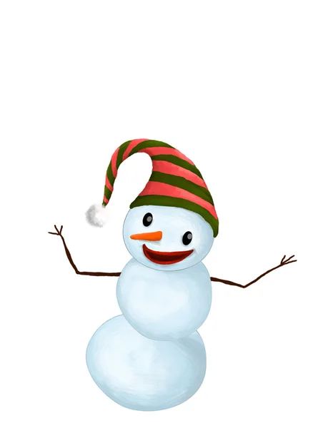 Isoliert lustig lächelnder Schneemann mit Hut und Karottennase, der etwas mit seinen Händen zeigt — Stockfoto