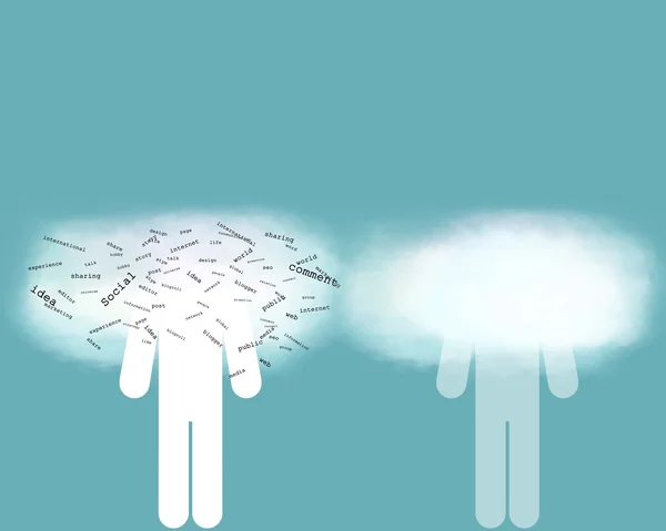 Идея концепции. Два человека с облаками вместо головы, один пуст, другой наполнен словами — стоковое фото