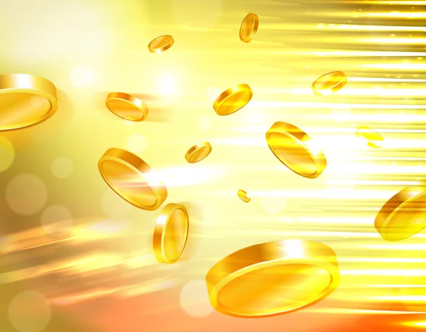 Golden money and casino coins flying out at the viewer. Luxury background. — Stock Photo, Image