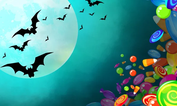 Halloween banner with colorful candies falling, bright moon and bats flying — Stock Photo, Image