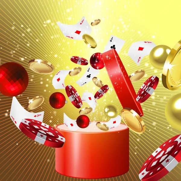 De gift van Kerstmis met glinsterende ballen, casinofiches, kaarten en munten uit het — Stockfoto
