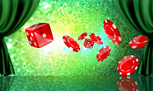 Stage with casino coins and dice flying out at the viewer. — Stock Photo, Image