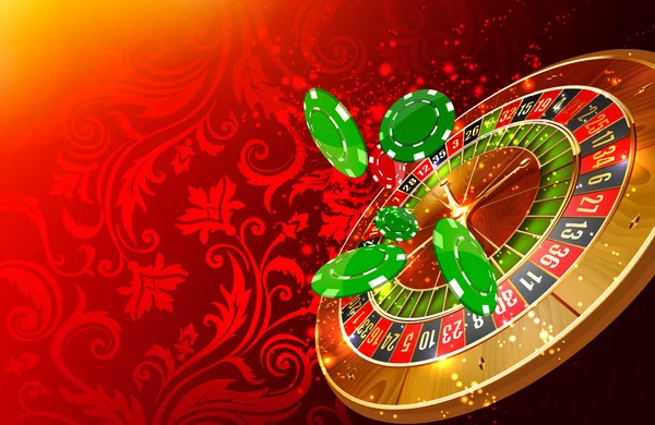 Ruleta de rueda de casino, fichas de casino y dinero flotante ilustración — Foto de Stock