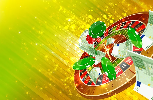 Roleta de roda de casino, fichas de casino e dinheiro flutuante ilustração — Fotografia de Stock